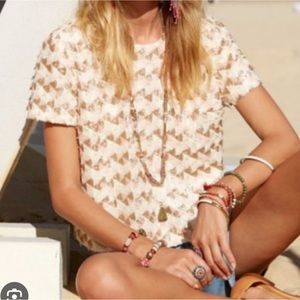 Sezane Sequin Eyelash Short Sleeve Top | Chevron Pattern Pink Gold Ivory